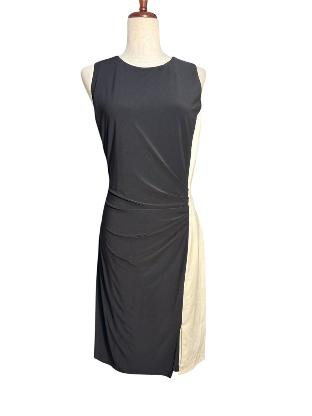 Lauren Ralph Lauren Colorblock Stretchy Sheath Dress Black Ivory Ruched Size 16